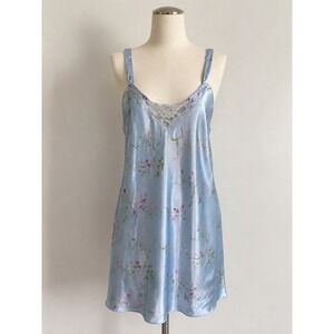 Morgan Taylor Intimates Blue Floral Satin Lace Trim Chemise Nightgown Plus 1X